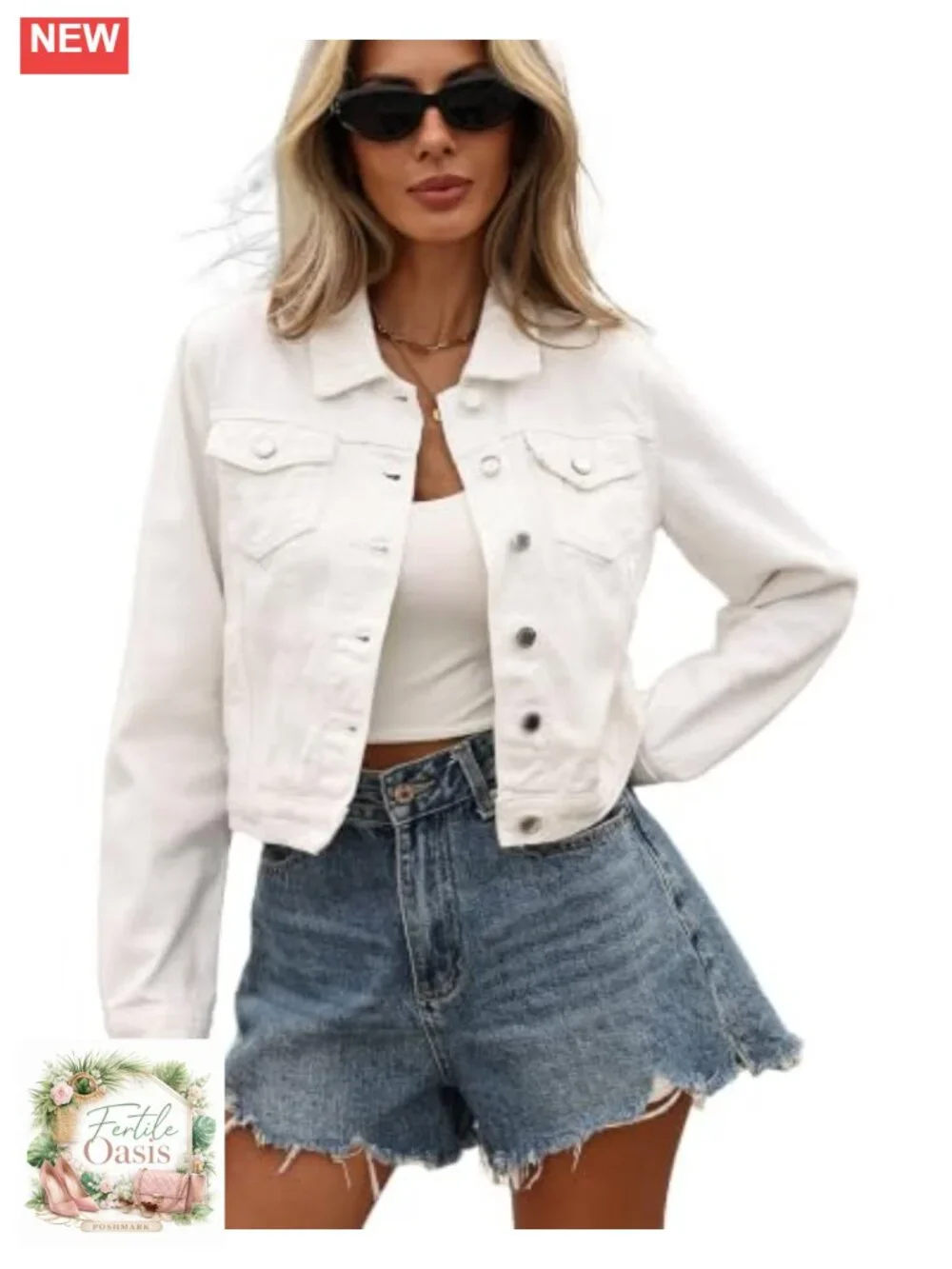 Cropped Denim Jacket with 6 Pockets Women Long Sleeve
